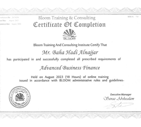 Dr Baha Completion Certificate Bloom Training